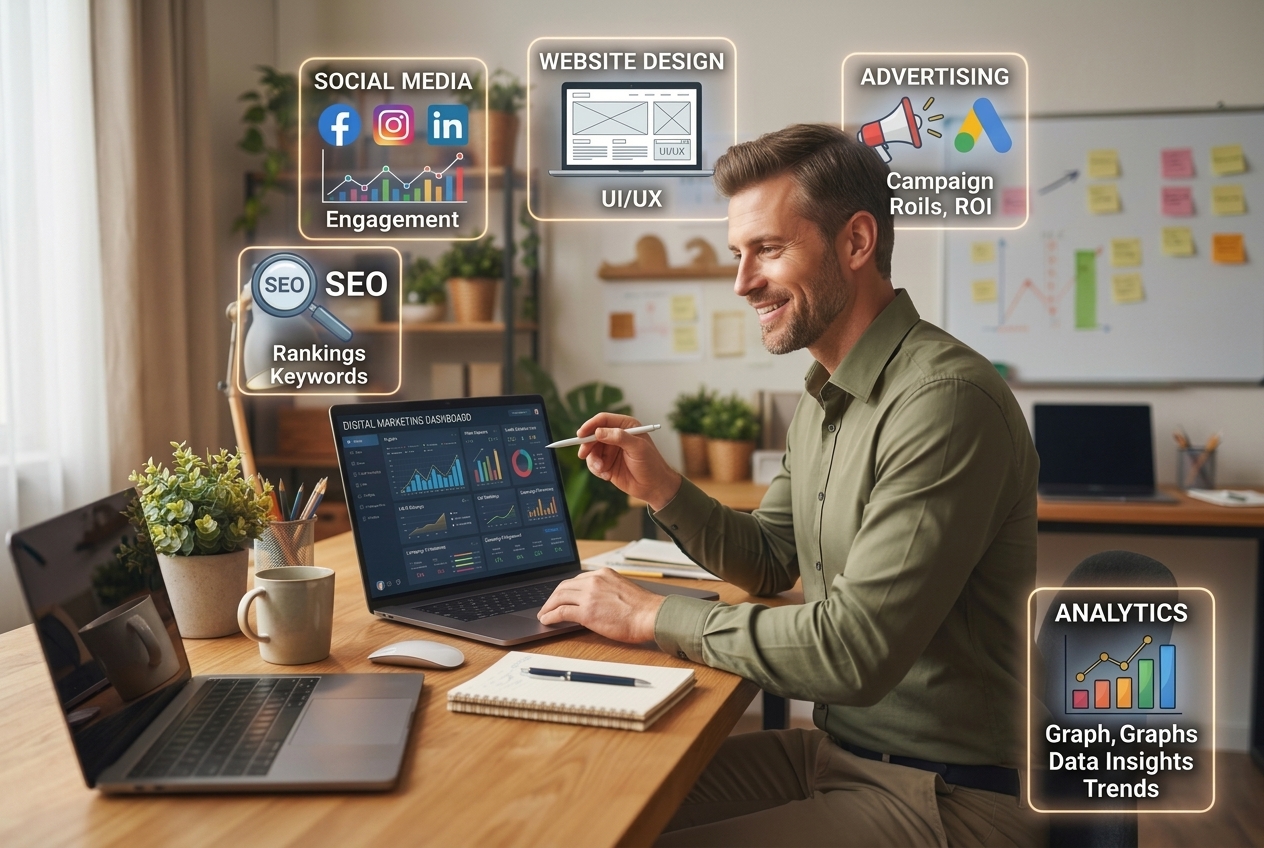 Small business owner planning a digital marketing budget with SEO, social media, website, advertising, and analytics tools