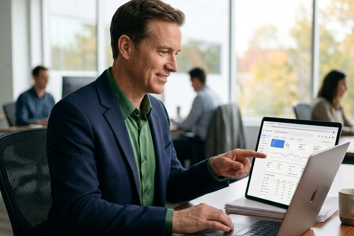 Digital marketer analyzing paid advertising campaign performance, clicks, leads, conversions, and return on ad spend. Digital marketer analyzing paid advertising campaign performance, clicks, leads, conversions, and return on ad spend.