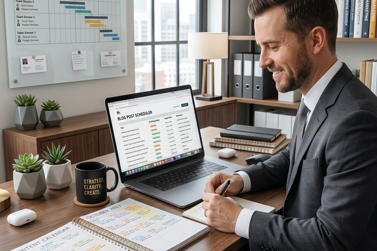 Small business content marketing strategy with blog posts, social media content, and a digital content calendar Small business content marketing strategy with blog posts, social media content, and a digital content calendar