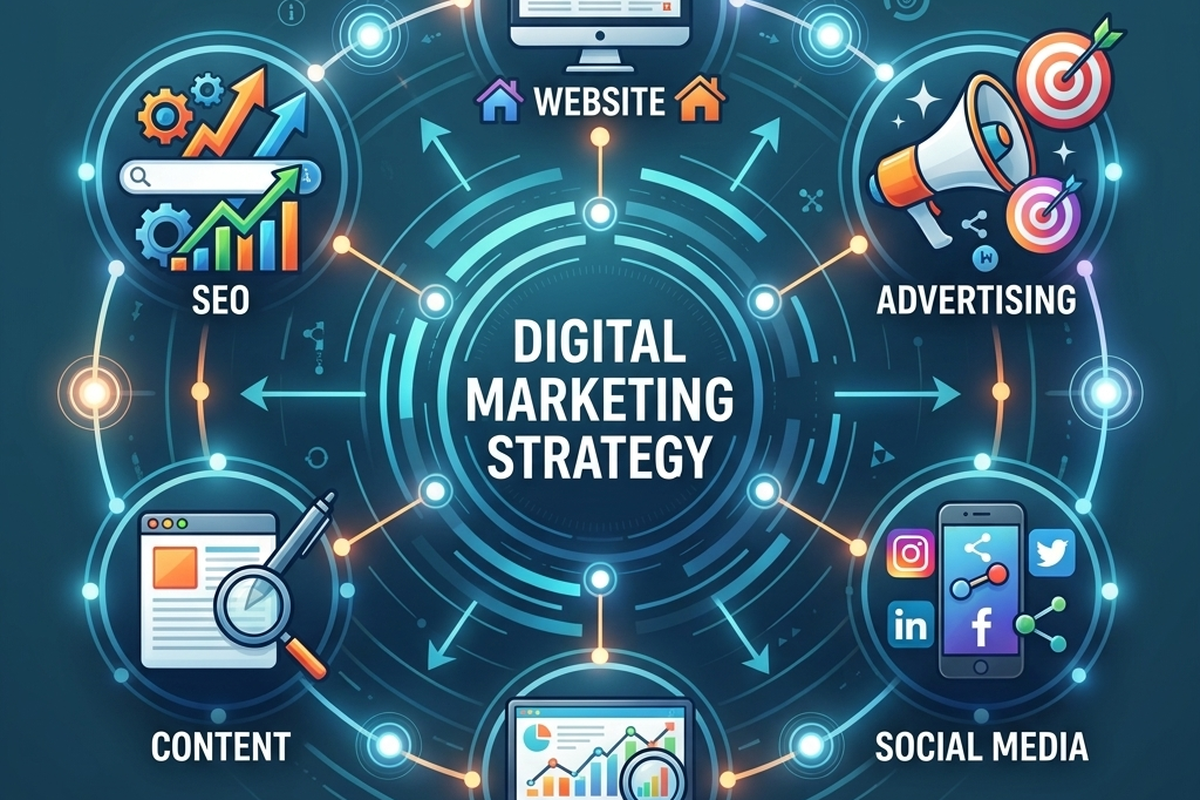 Integrated digital marketing strategy combining website design, SEO, content marketing, social media, paid advertising, and analytics Integrated digital marketing strategy combining website design, SEO, content marketing, social media, paid advertising, and analytics