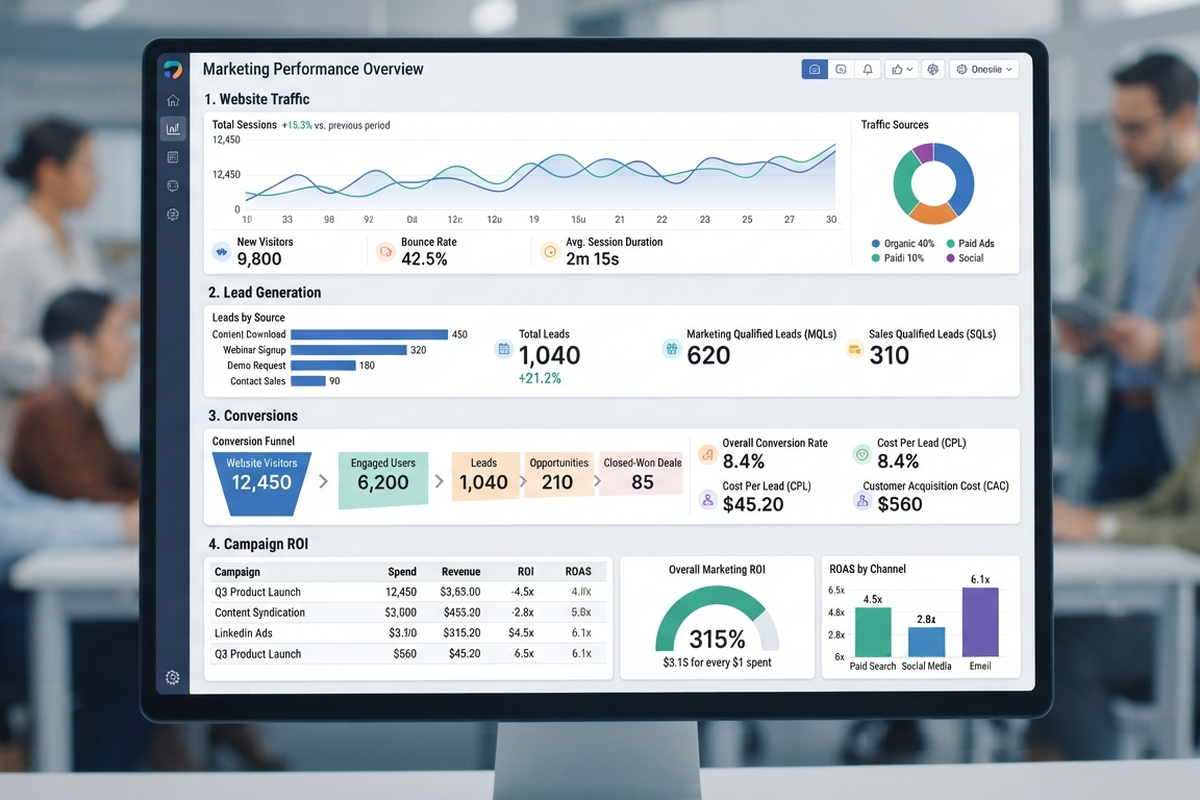 Digital marketing analytics dashboard showing website traffic, leads, conversions, and marketing return on investment Digital marketing analytics dashboard showing website traffic, leads, conversions, and marketing return on investment