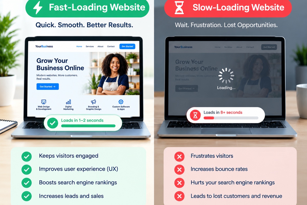 Fast versus slow website loading speed showing the impact of website performance on customers. Fast versus slow website loading speed showing the impact of website performance on customers.