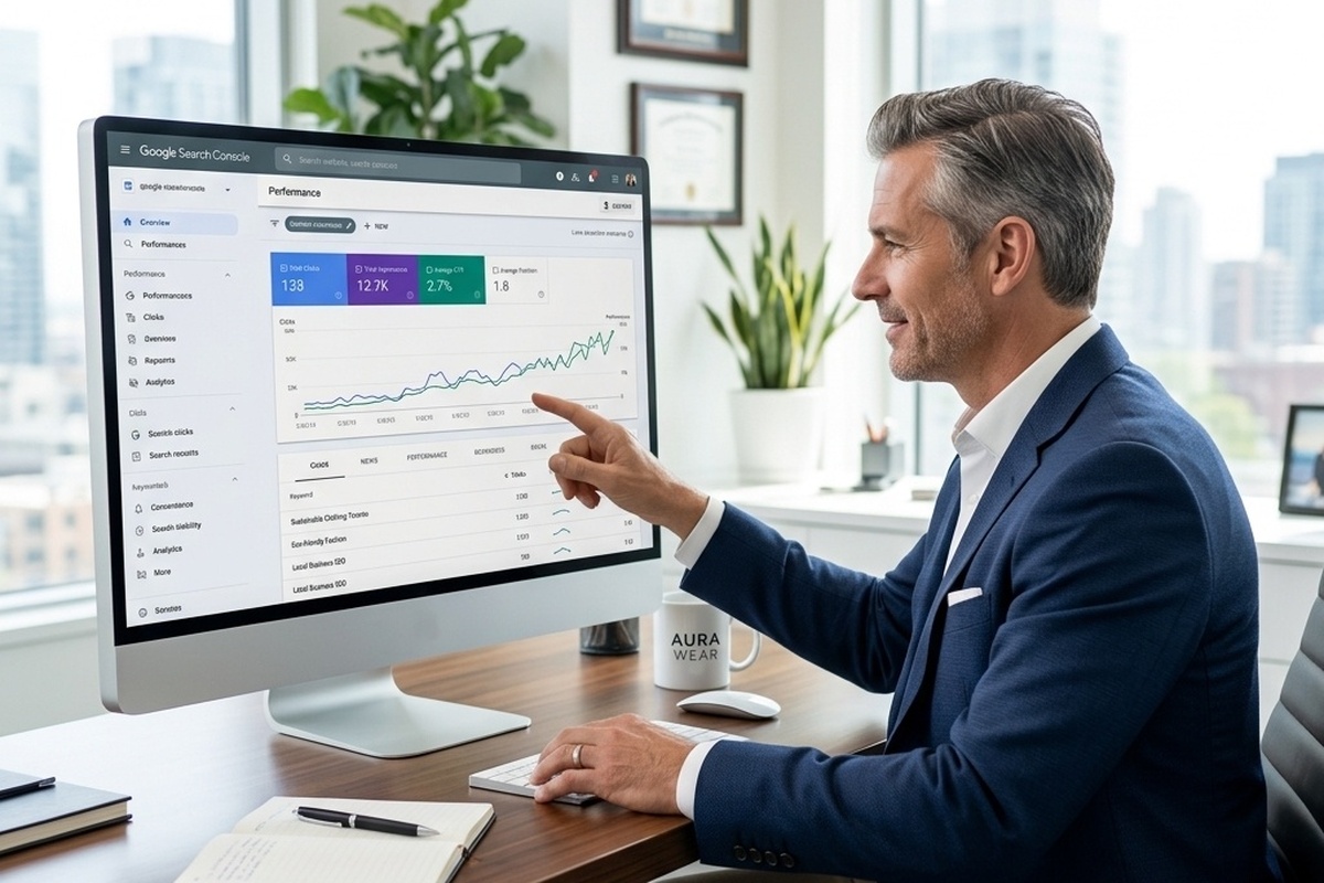 Small business owner analyzing website SEO and Google search rankings to improve online visibility. Small business owner analyzing website SEO and Google search rankings to improve online visibility.