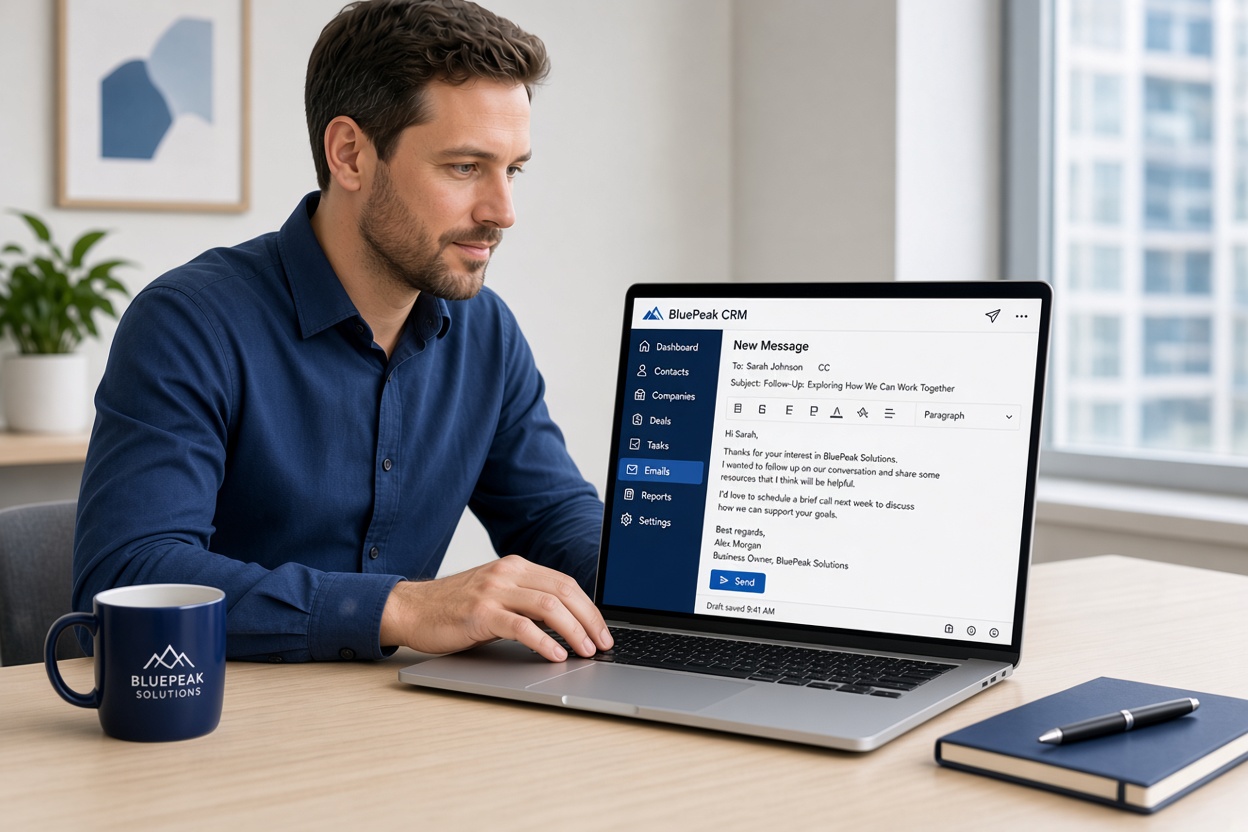 Business owner following up with a website lead using a customer relationship management system Business owner following up with a website lead using a customer relationship management system