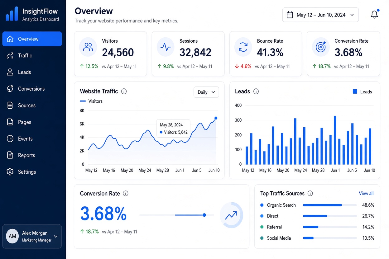 Website analytics dashboard tracking traffic leads and conversion rate for a small business. Website analytics dashboard tracking traffic leads and conversion rate for a small business.
