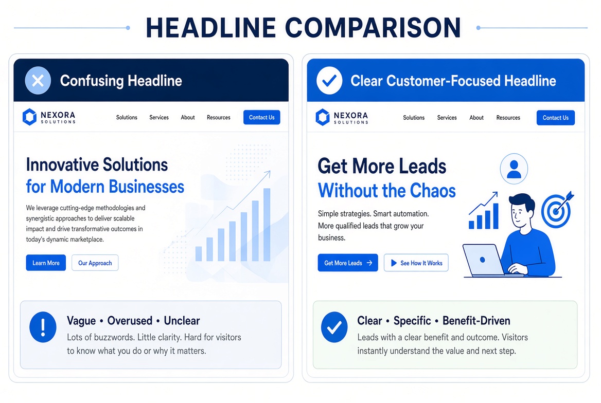 Comparison of unclear and customer-focused website messaging for a small business. Comparison of unclear and customer-focused website messaging for a small business.