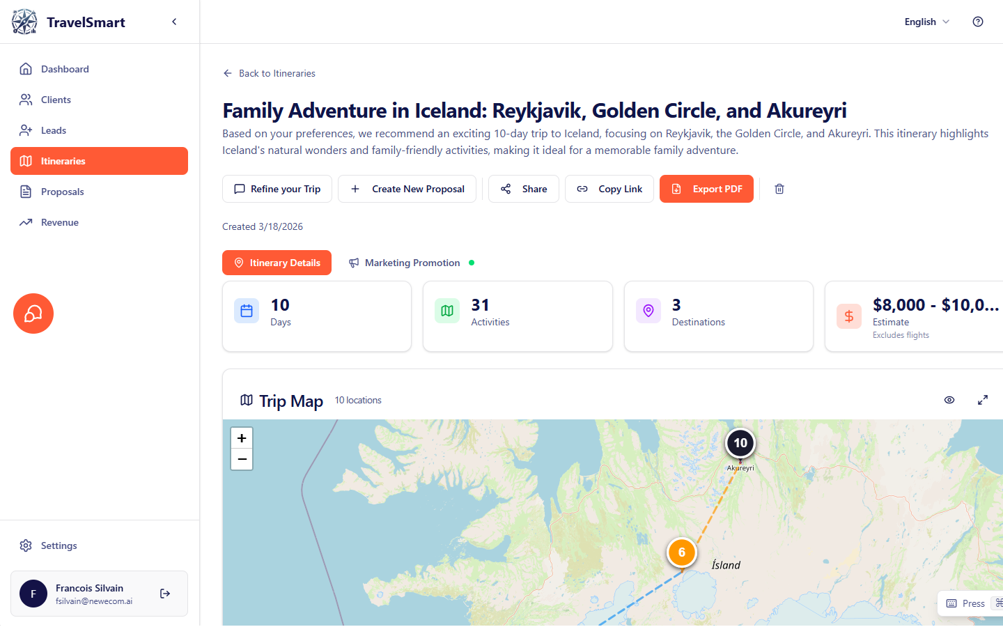 AI itinerary generation panel