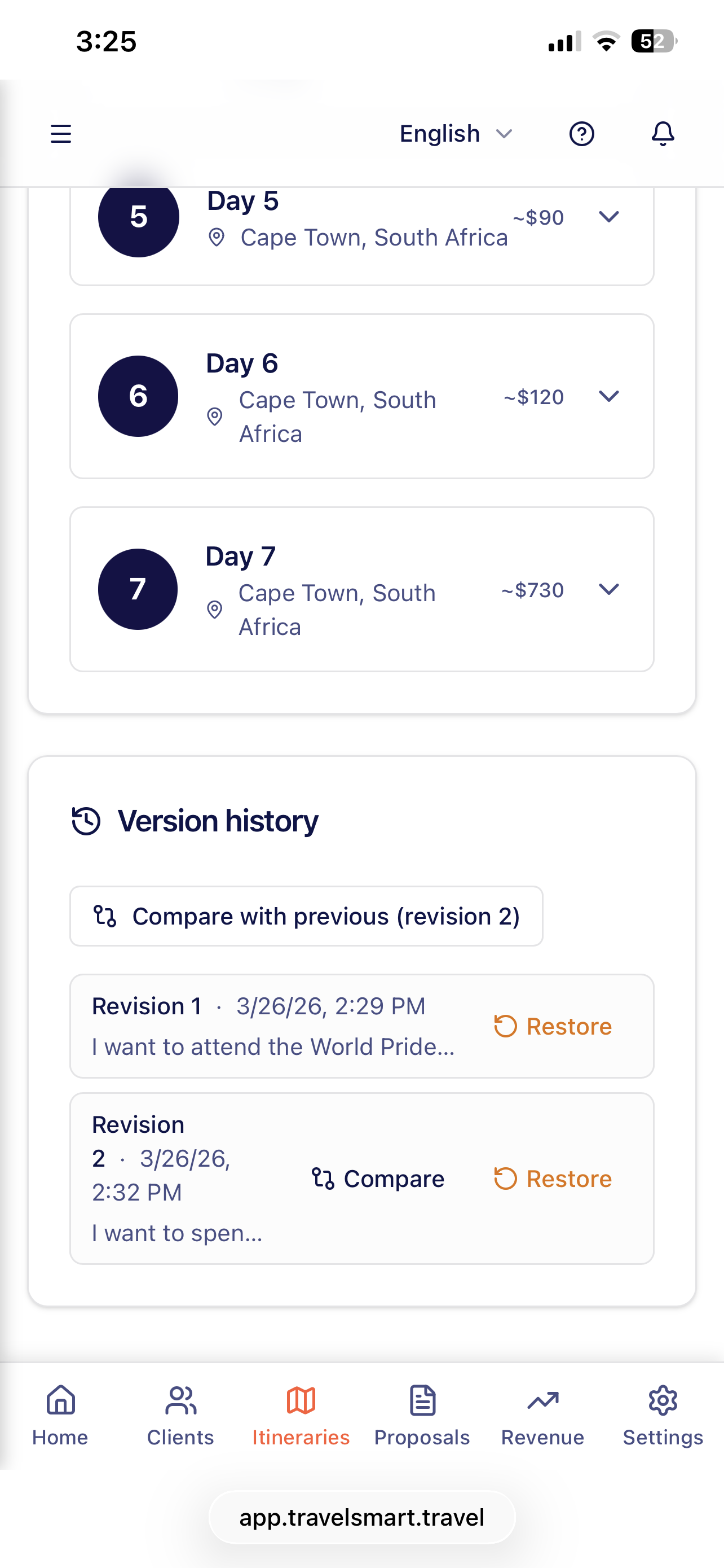 Version history on mobile