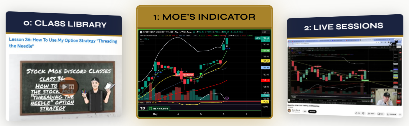 What you get: Class Library, Moe's Bread Recipe Indicator firing a signal on SPY, and Live Trading Sessions