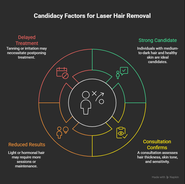 Infographic explaining laser hair removal candidacy factors, including strong candidate signs, consultation evaluation points, factors that may reduce results, and reasons treatment may be temporarily delayed.