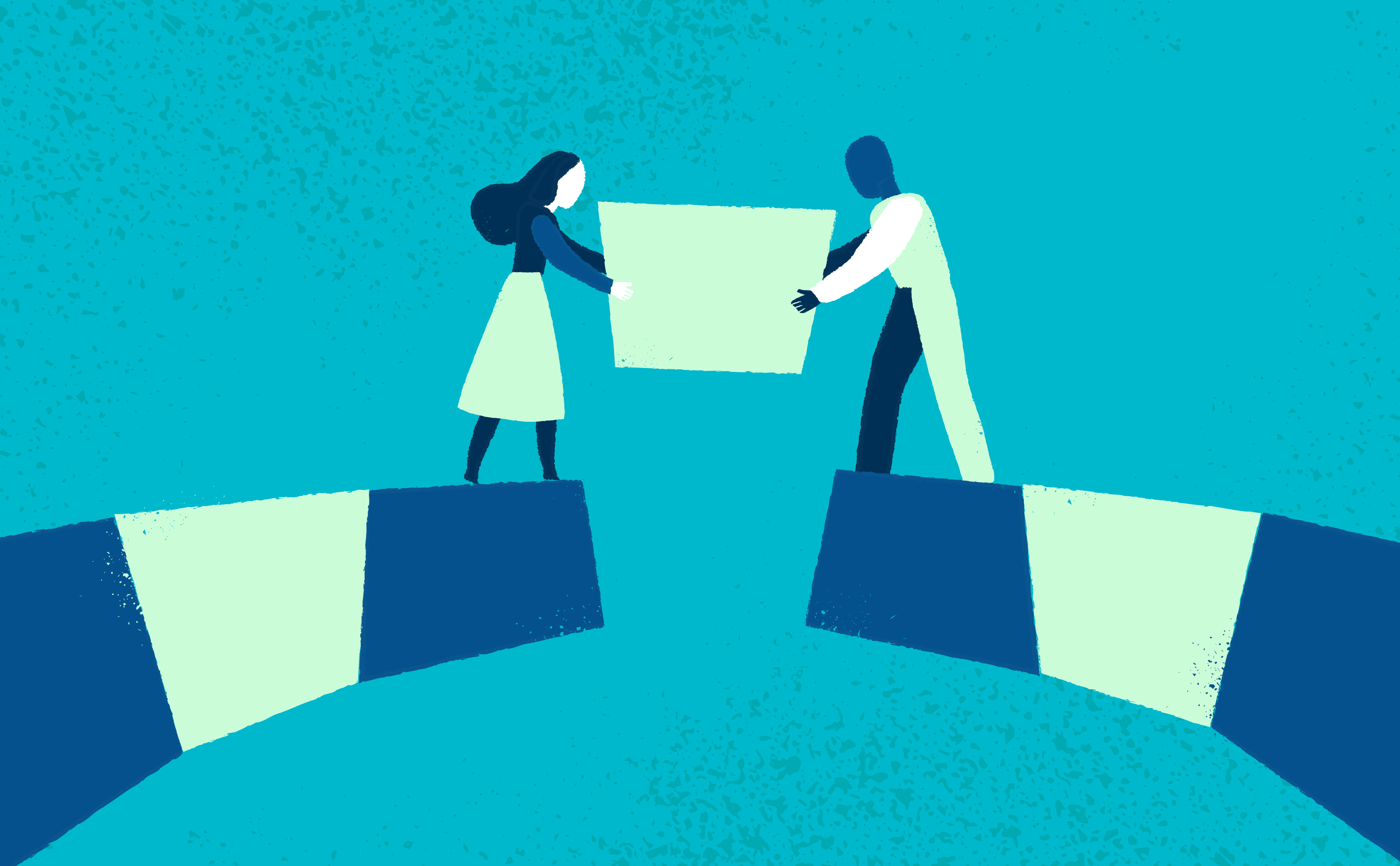 A bridge with a missing piece being inserted by two people