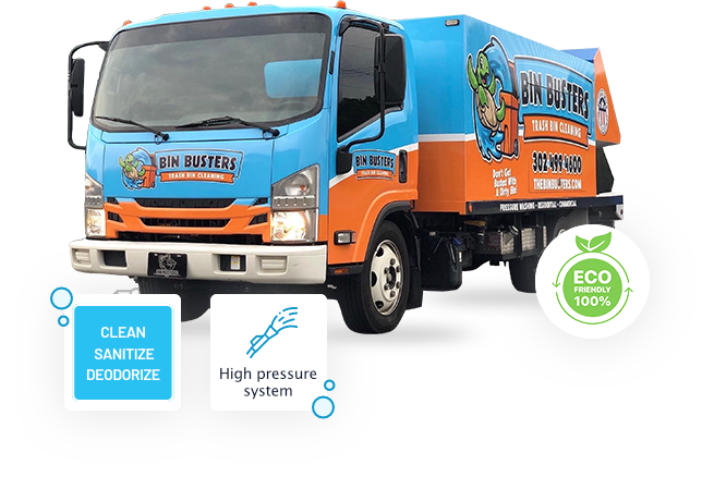 Bin Busters trash bin cleaning truck providing eco-friendly high-pressure trash can cleaning service.
