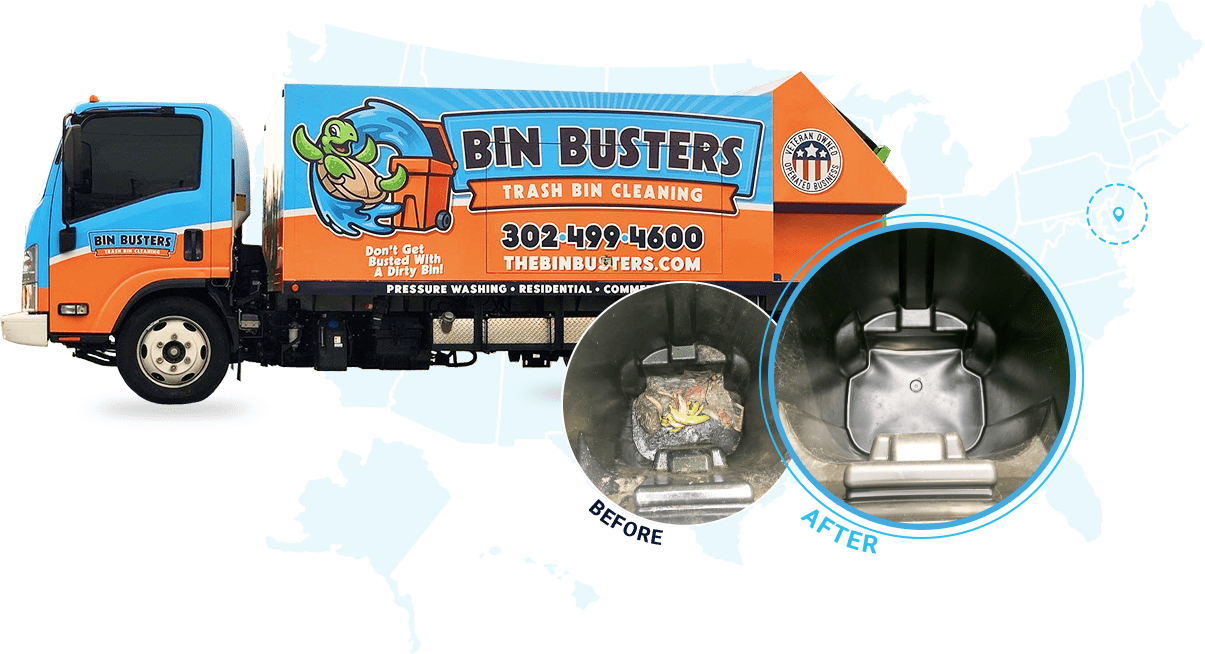 Bin Busters trash can cleaning truck with before and after results of professional bin sanitizing.