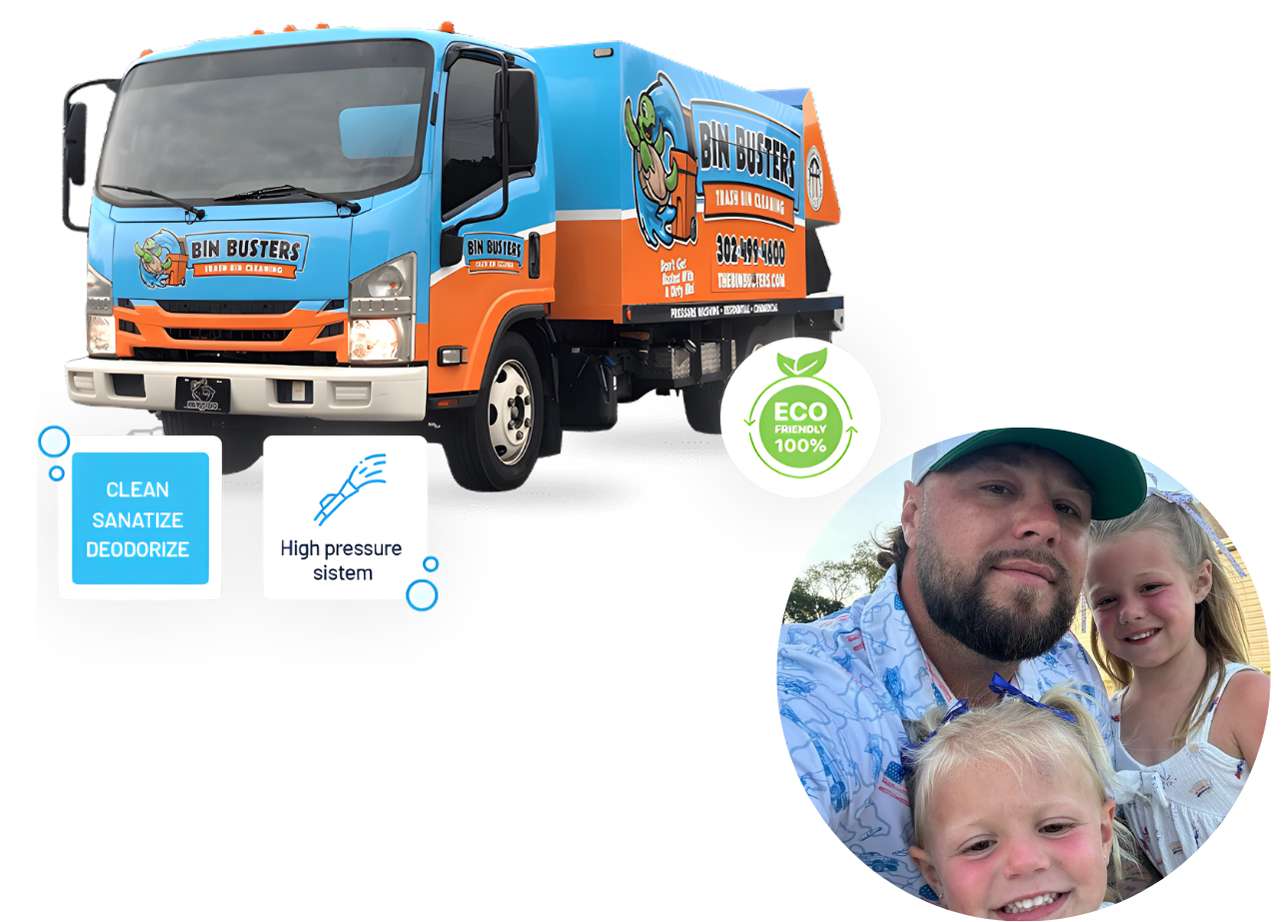 Thomas, owner of Bin Busters, with his children, representing a family-owned eco-friendly trash can cleaning business.