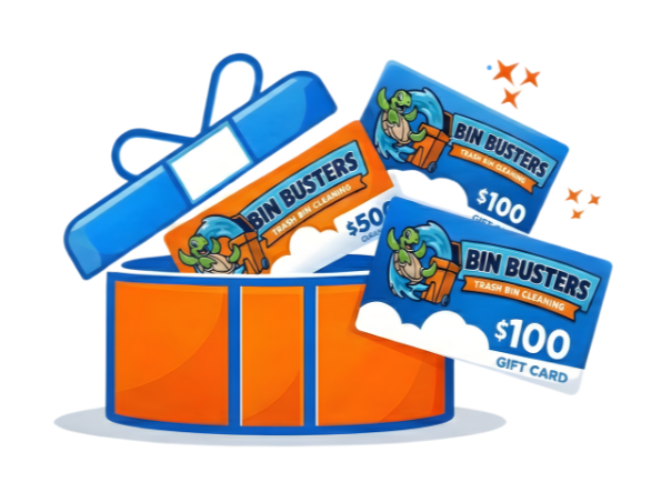 Bin Busters gift cards displayed in a branded gift box for trash can cleaning services.
