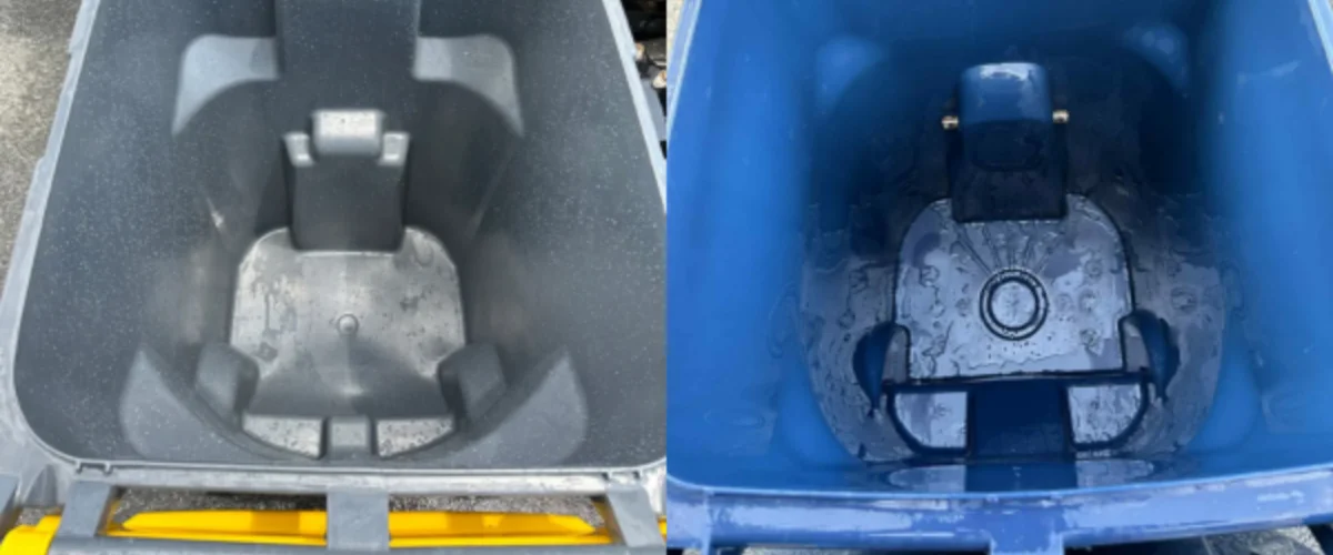 A dual image showing the inside of a clean grey dumpster on the left and a dirty blue one on the right. A dual image showing the inside of a clean grey dumpster on the left and a dirty blue one on the right.