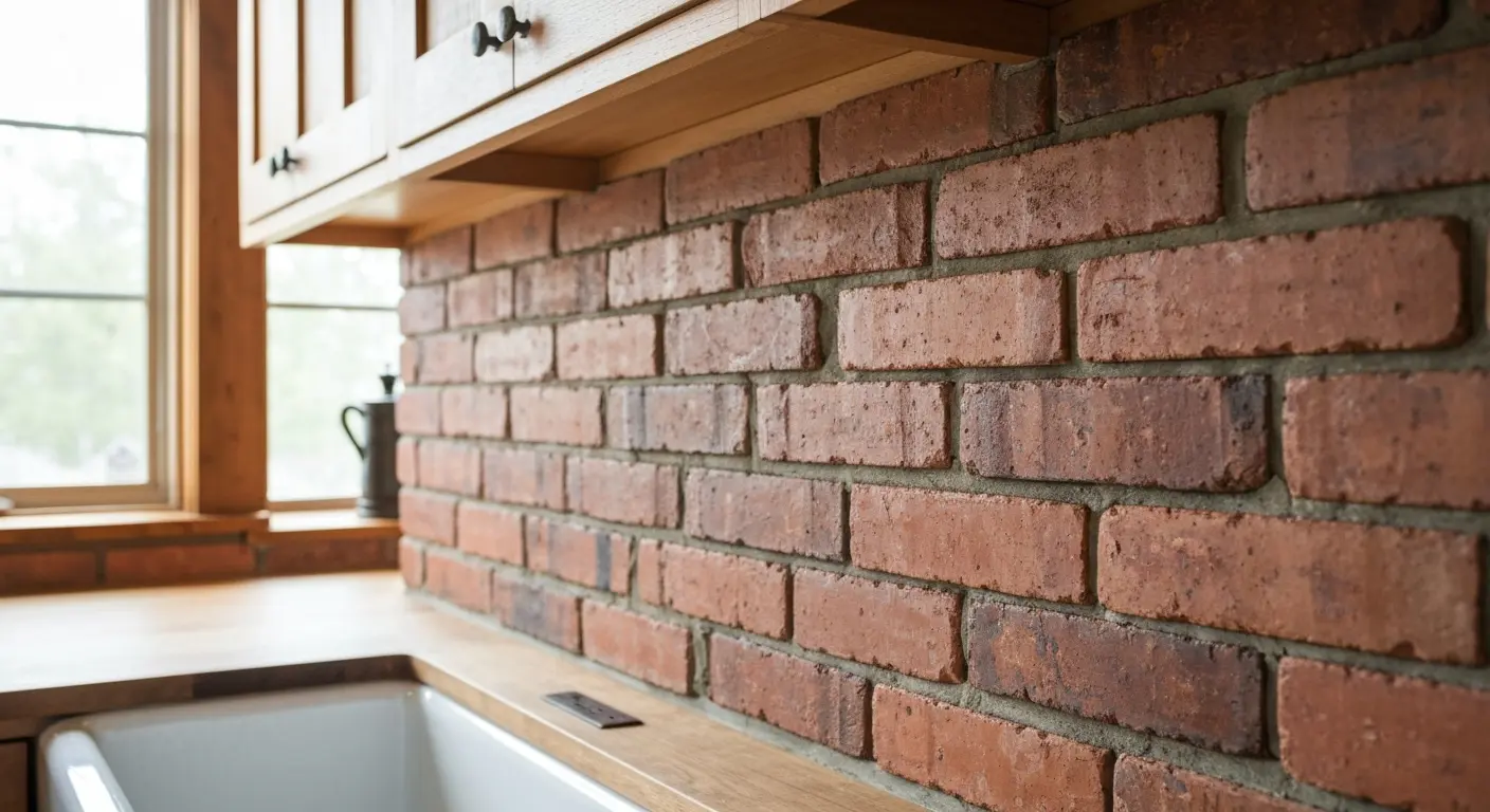 Exposed brick backsplash