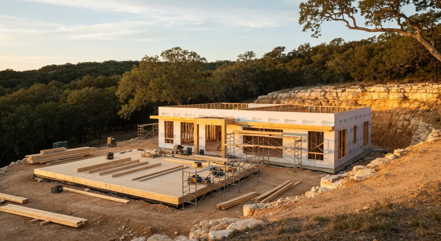 New home construction on hillside lot