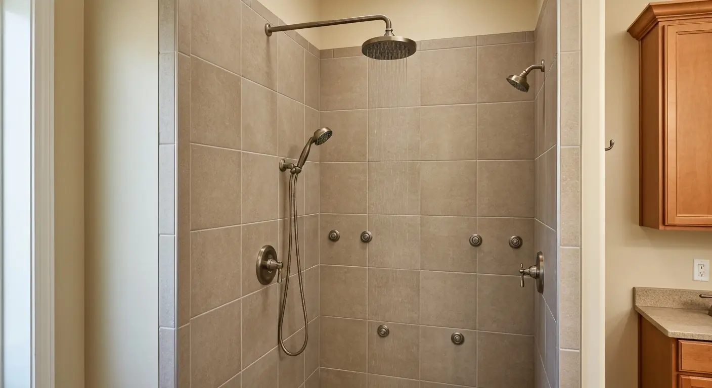 Large tile shower with multiple fixtures