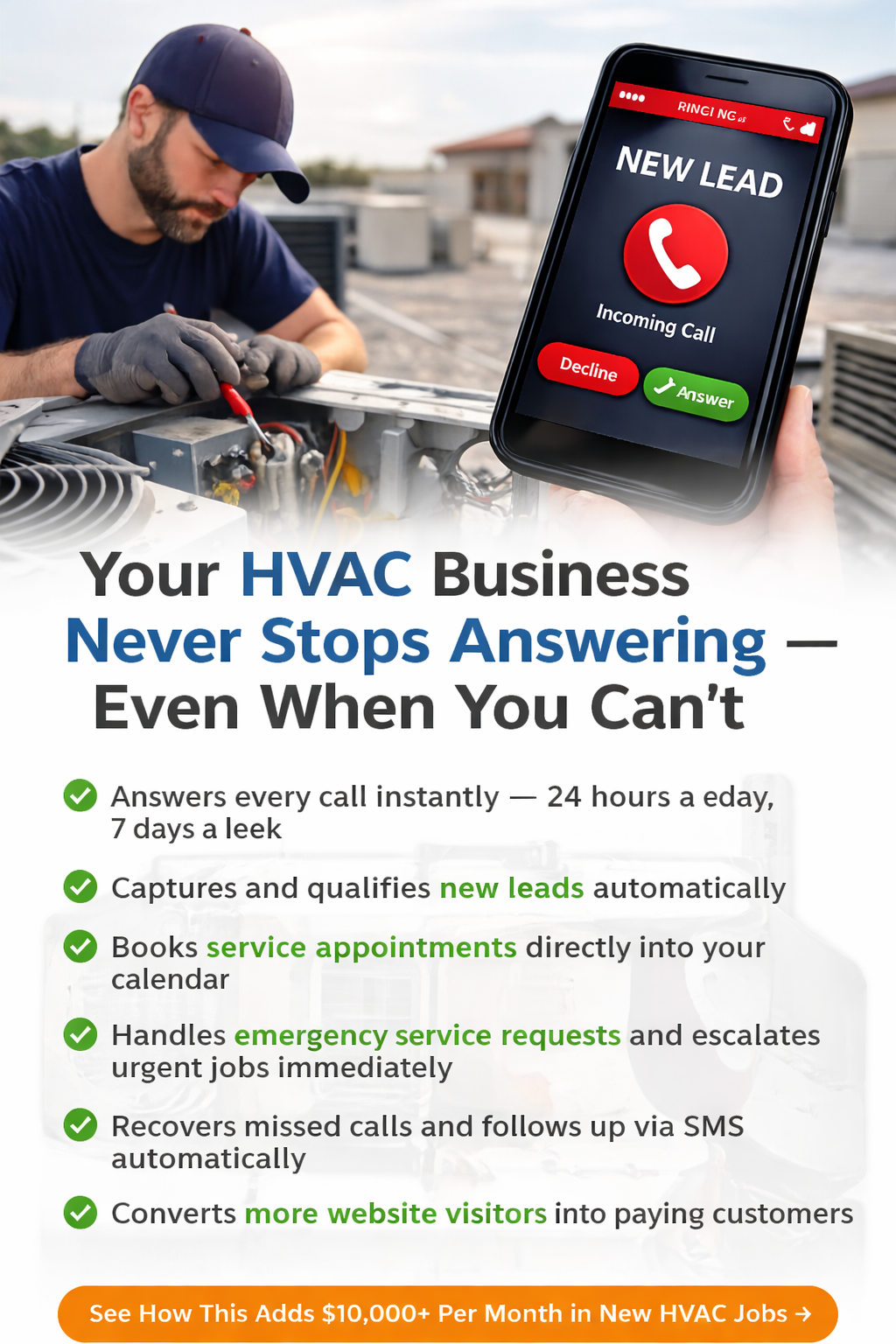 AI voice agent capturing HVAC leads and booking service appointments automatically while technician works on air conditioning unit