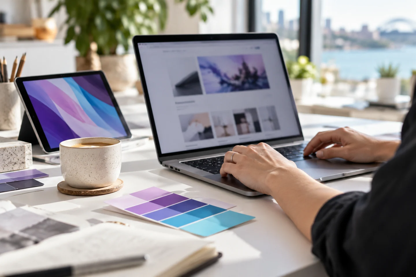 Illustrative creative workspace for planning real estate marketing