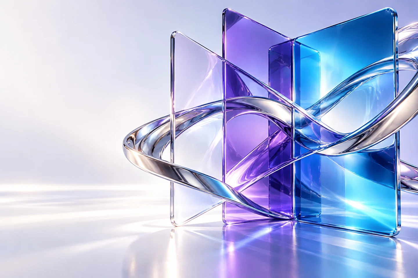 Luminous purple and cyan glass forms connected by chrome ribbons
