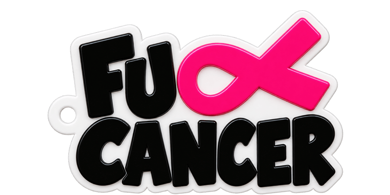 FU Cancer keychain — pink base with white lettering and black ribbon