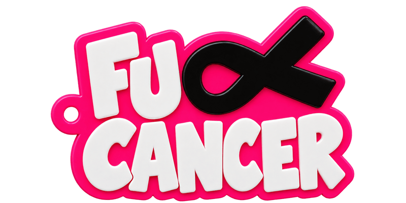 FU Cancer keychain — black base with white lettering and pink ribbon