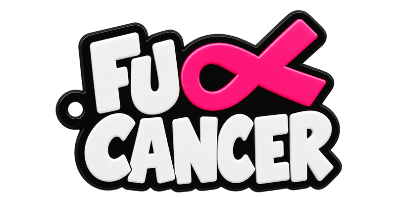 FU Cancer keychain — white base with black lettering and pink ribbon