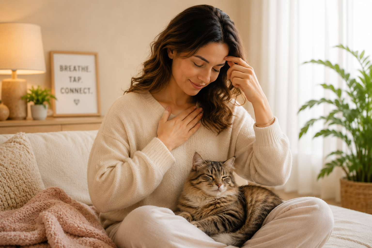 Woman at home with her hand on her heart and her cat resting in her lap