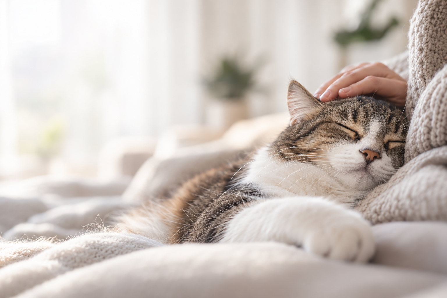 A relaxed cat being gently comforted