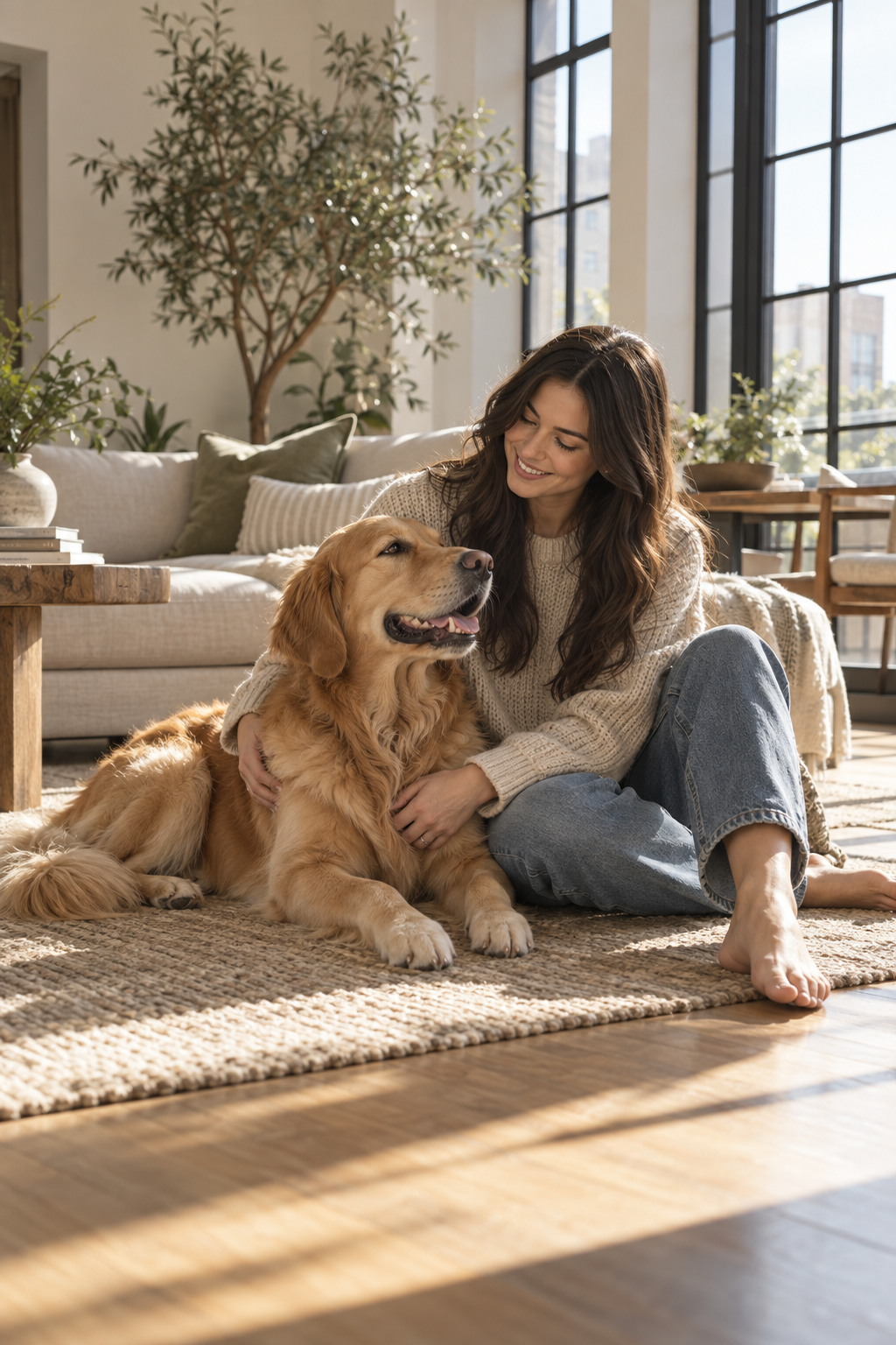 Smiling woman sitting on the floor of her sunny apartment with her golden retriever