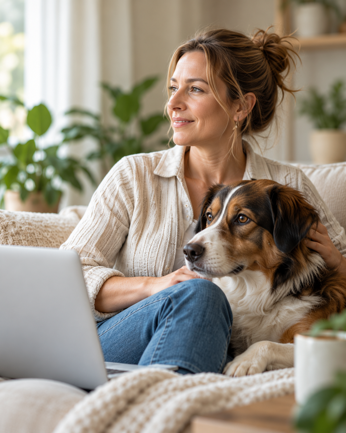 Smiling woman working at her laptop with her dog beside her