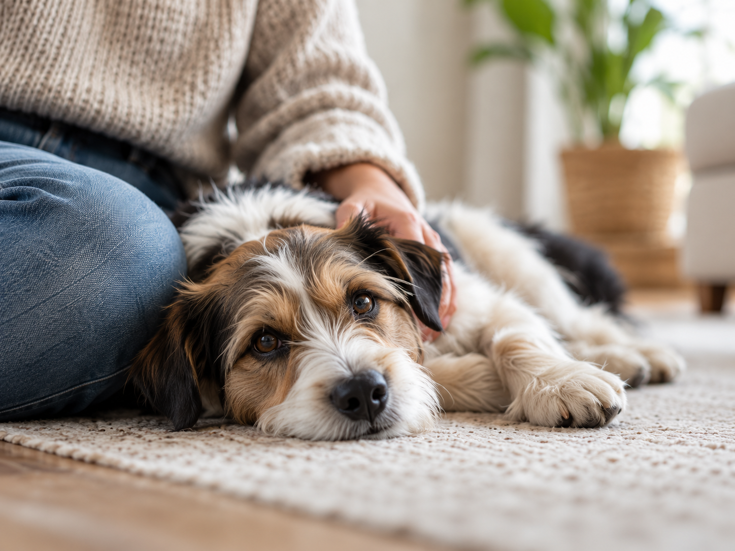 Scruffy terrier resting on a rug while its owner strokes its back
