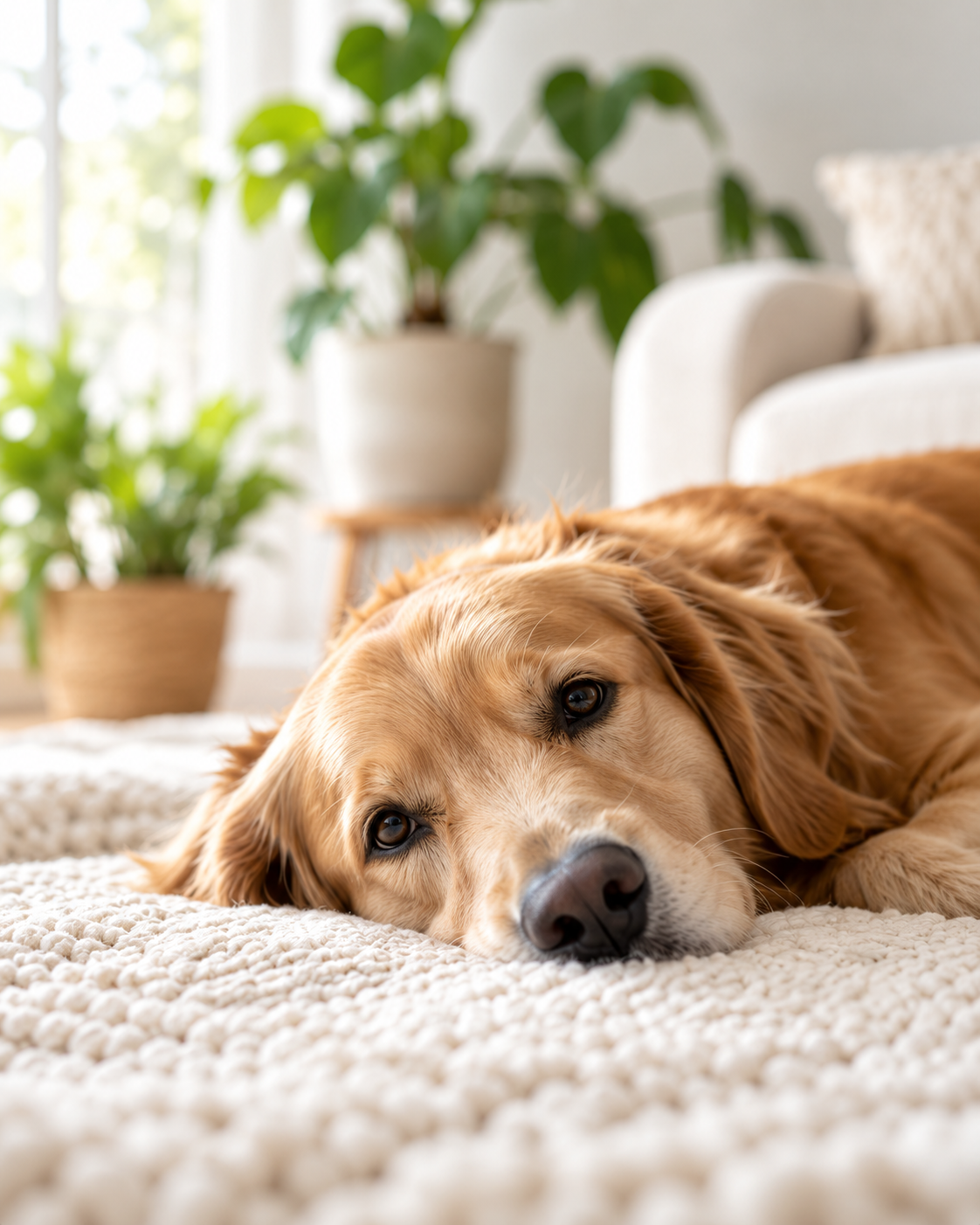 Golden retriever resting on a soft rug at home
