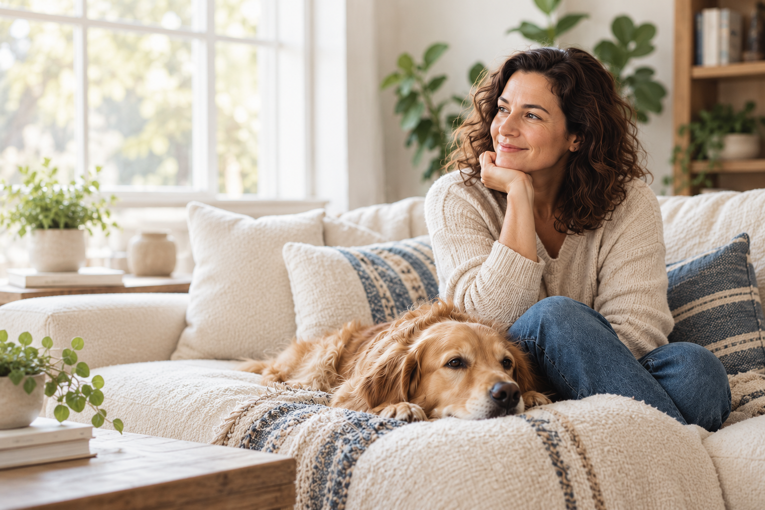 Smiling woman relaxing on a sofa with her golden retriever