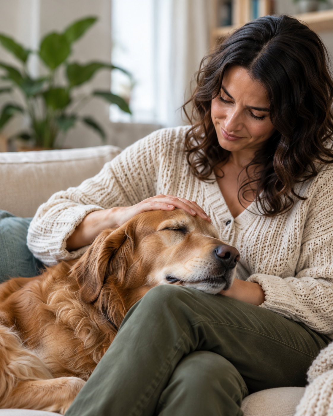 Woman on a sofa gently stroking her sleeping golden retriever