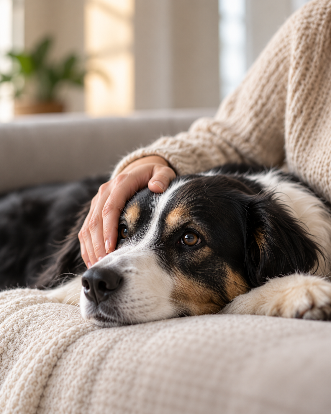 Hand gently resting on a border collie lying on a sofa