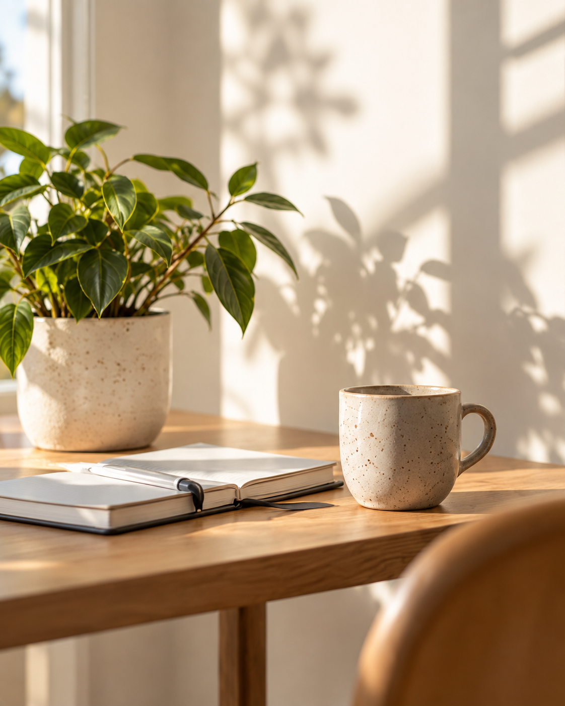Sunlit desk with a plant, an open notebook and a mug