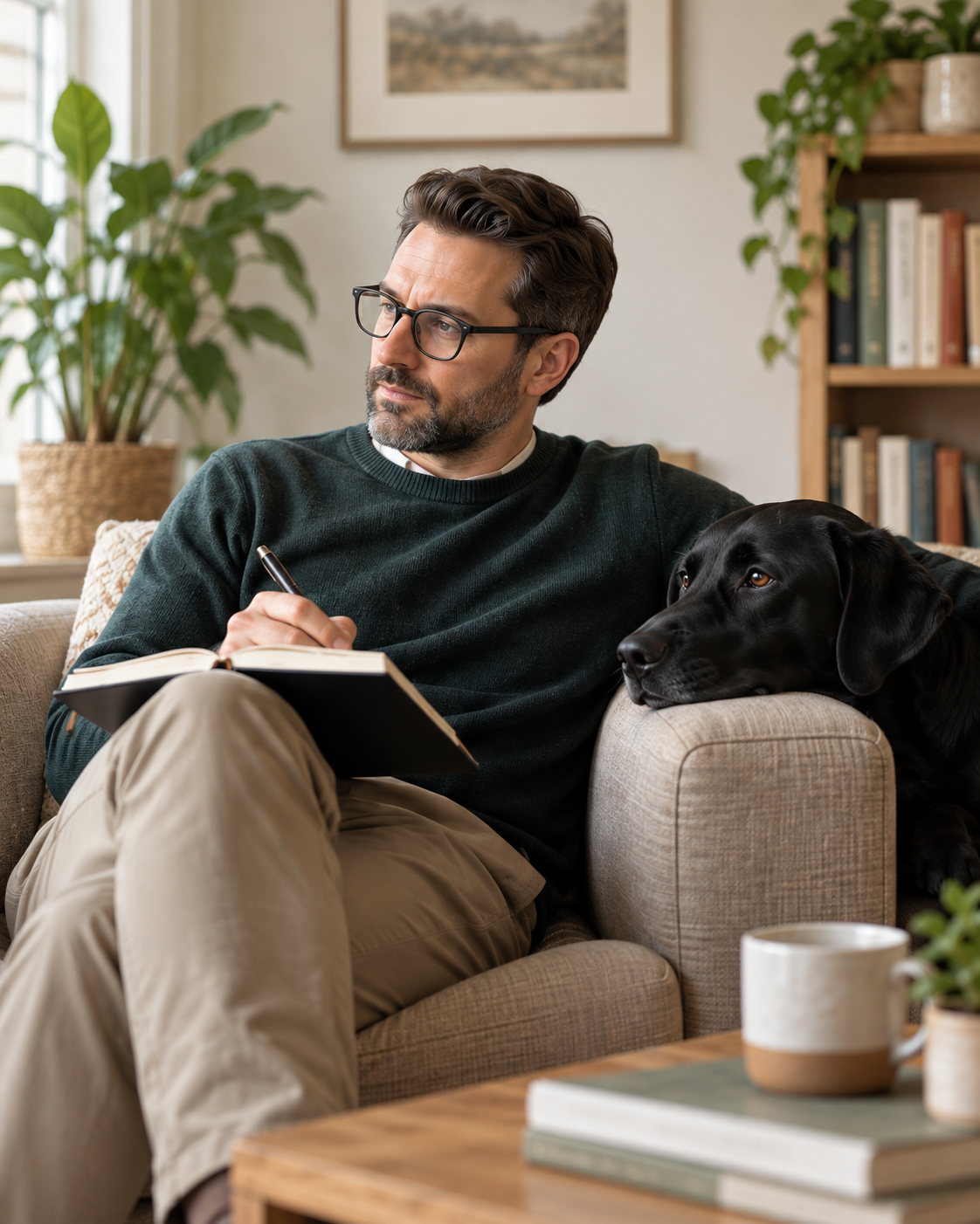 Therapist writing in a notebook with a black dog resting beside him