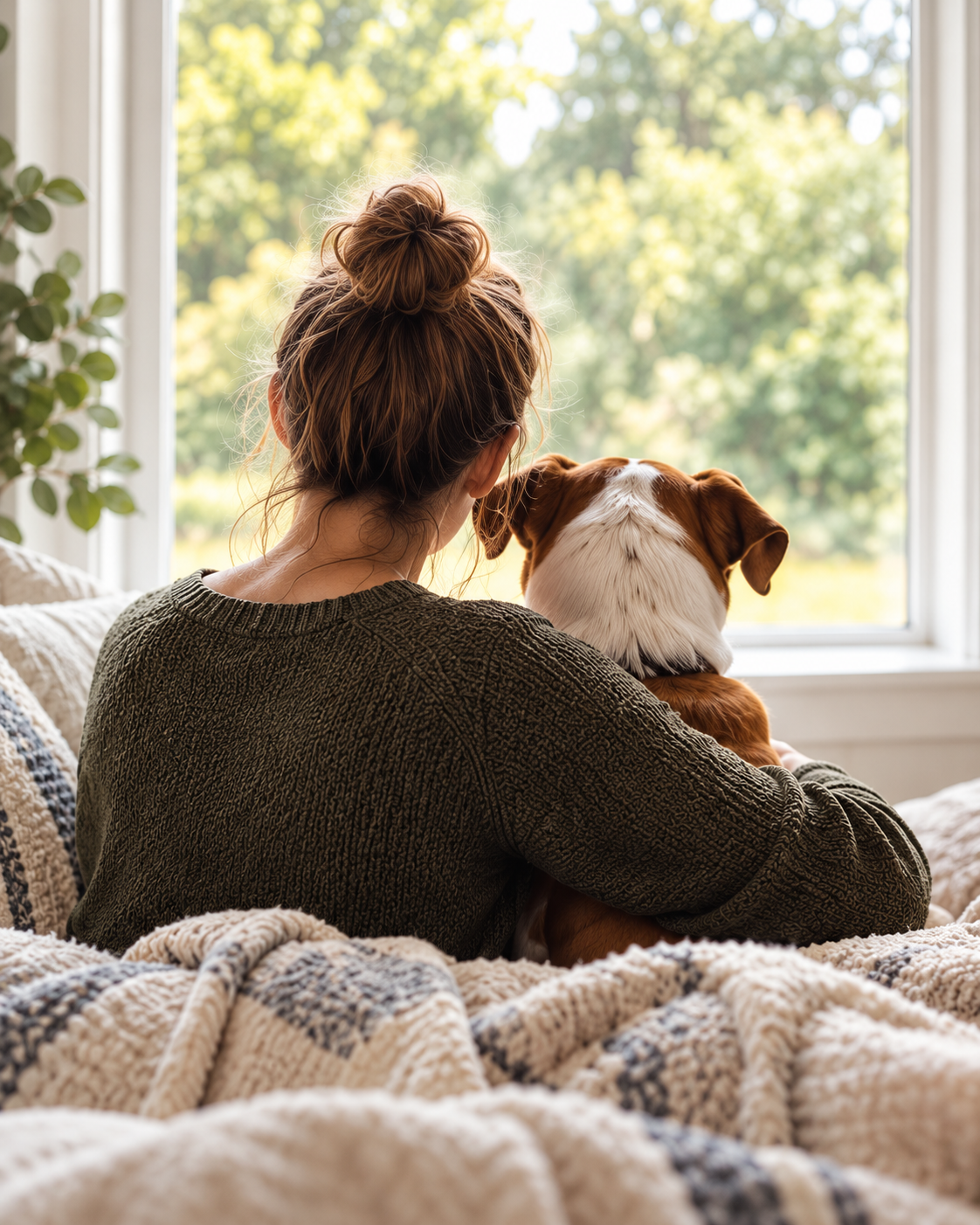 Woman sitting by a window with her arm around her dog