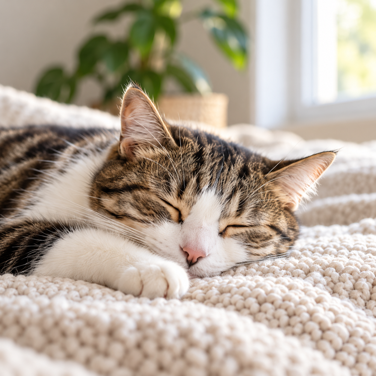 Tabby cat sleeping peacefully on a knit blanket at home