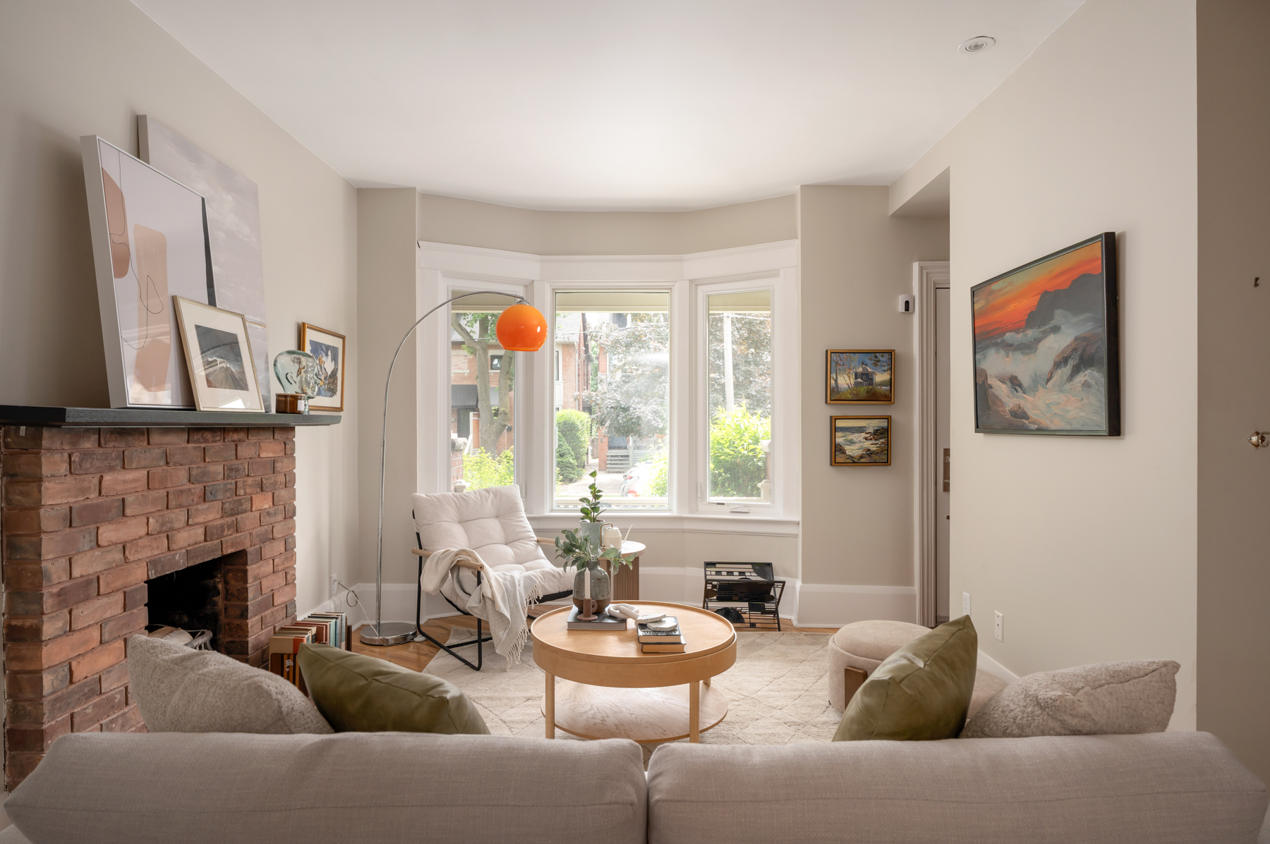 Living room with exposed brick