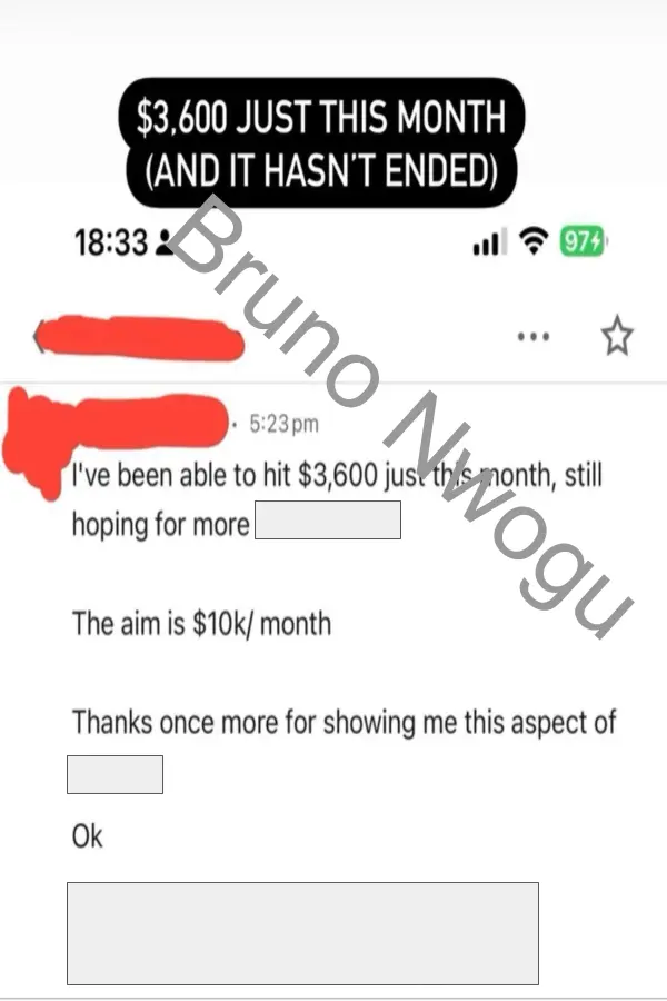 Student testimonial showing $3,600 in a month