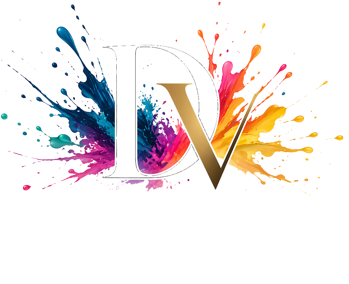 Un logo pour De Visu Impressions Murales Tours, présentant de grandes éclaboussures de peinture colorées derrière les lettres stylisées « D » et « V » sur un fond noir.
