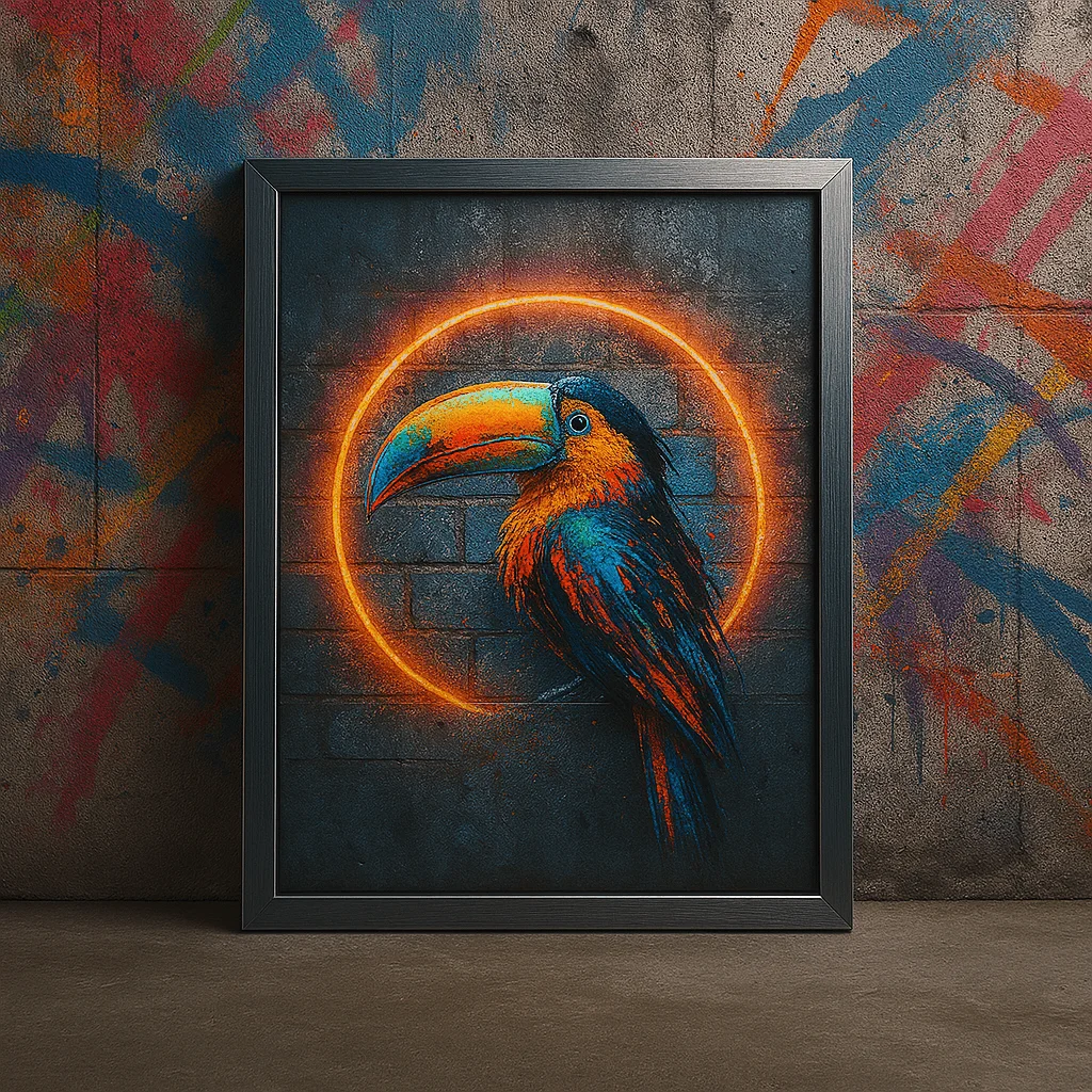 Illustration artistique encadrée d’un toucan aux couleurs vives, avec un halo lumineux orange en arrière-plan, posée contre un mur au style graffiti dans une ambiance urbaine et moderne.