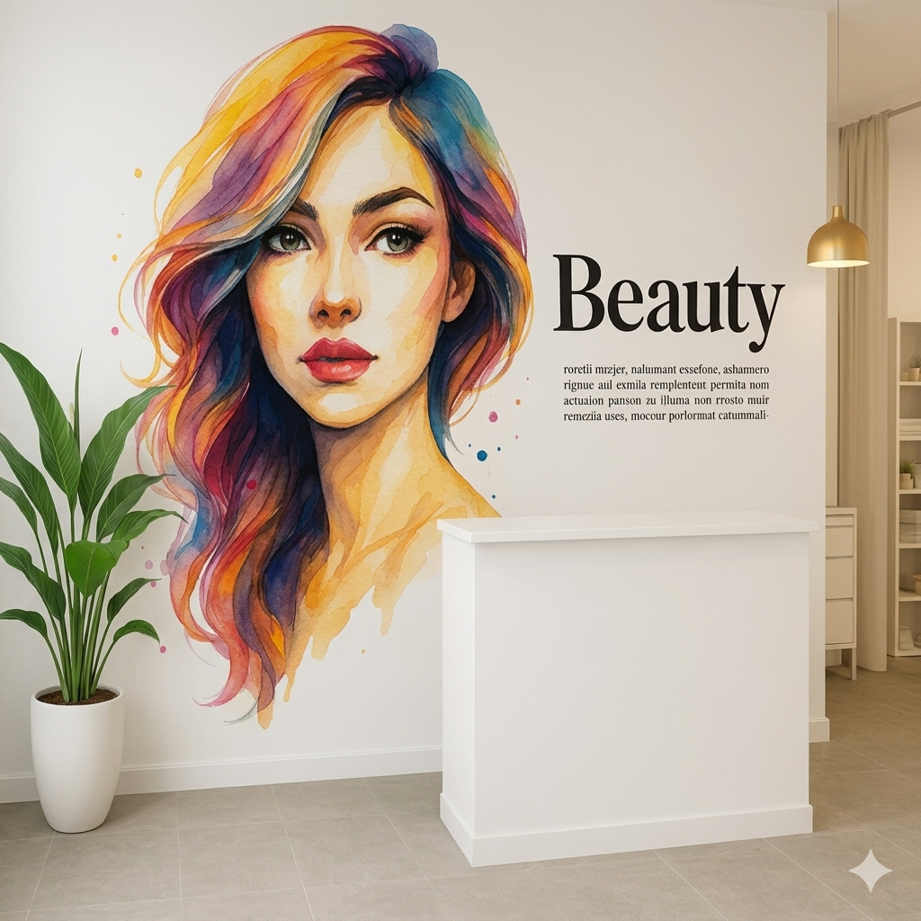 Peinture murale artistique représentant le portrait d’une femme aux cheveux multicolores dans un style aquarelle, décorant un espace moderne de salon de beauté avec un comptoir blanc, une plante verte et l’inscription « Beauty » sur le mur.