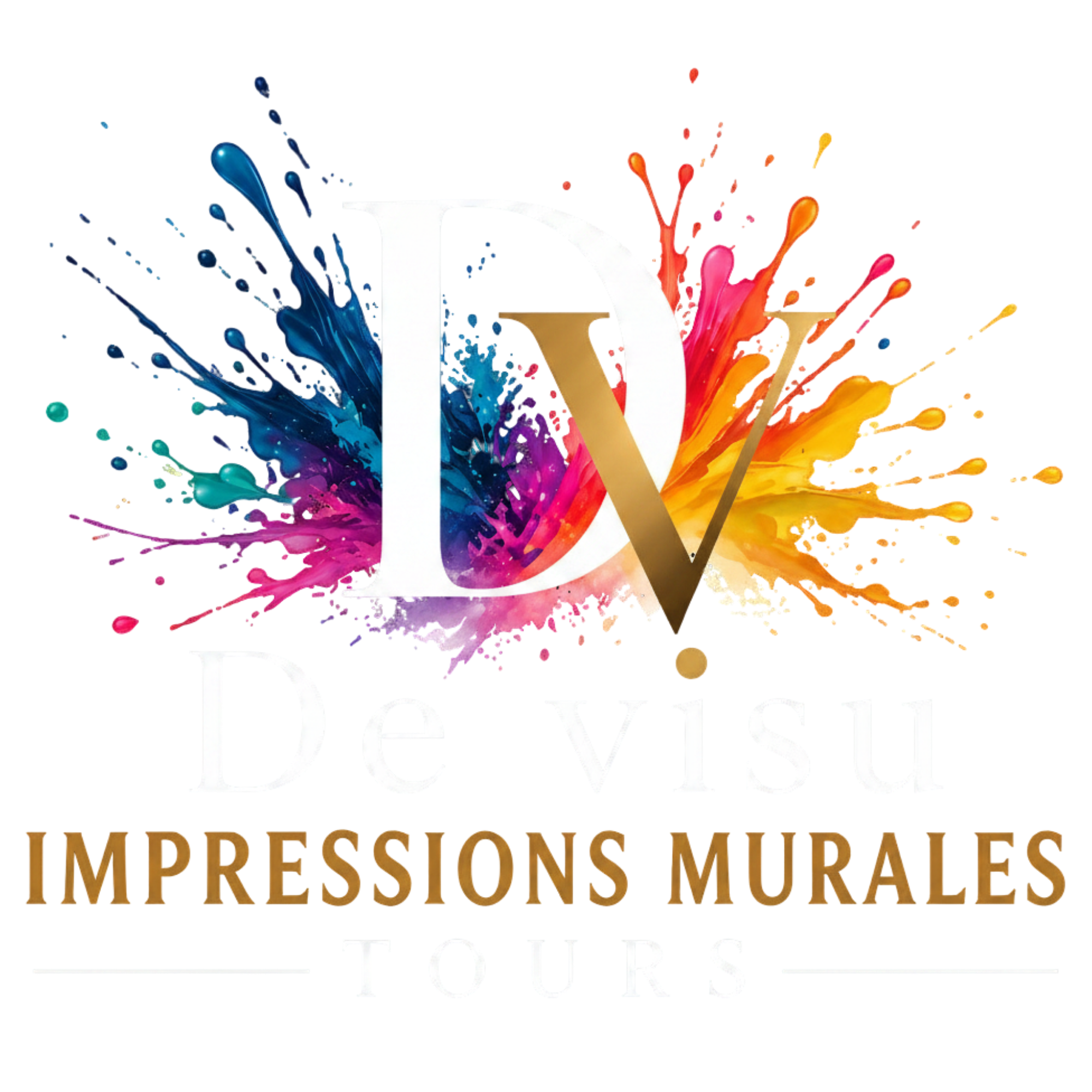 De Visu Impressions Murales Tours logo with large white 'DV' over colorful paint splatters on a black background.