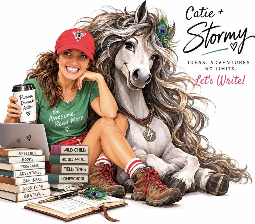 Illustration of Catie with her horse Stormy, captioned Catie + Stormy, Let’s Write!, with a stack of books, and a coffee cup that reads Purpose Demands Action