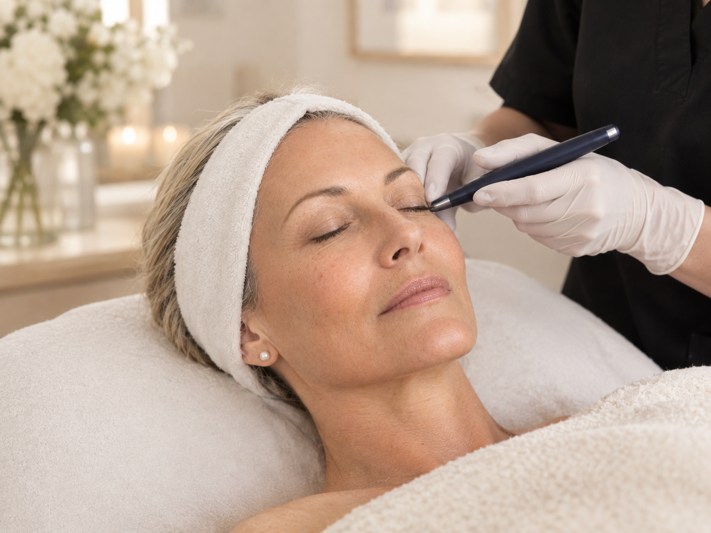Dr Stef performing a gentle Jet Plasma skin tightening treatment around the eyes in Johannesburg